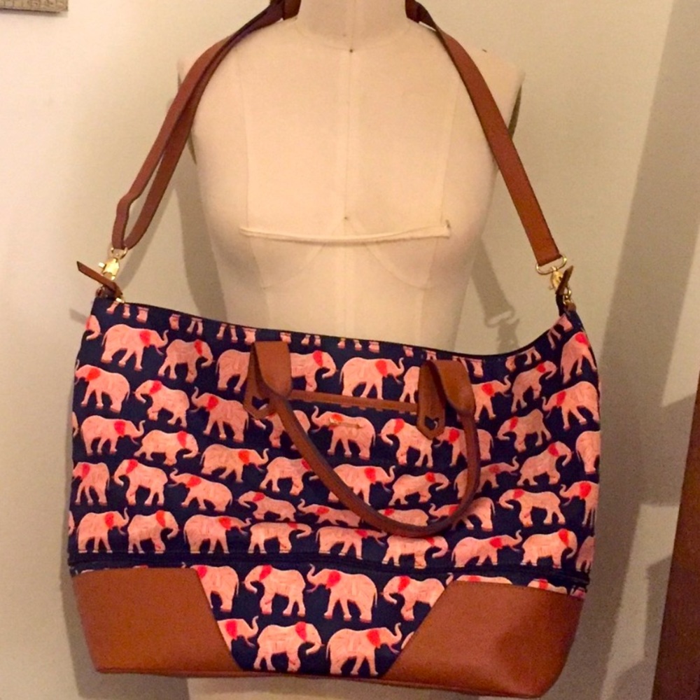 ::Stella & Dot | Luckily Elephant Weekender Extendable Tore Bag Navy Blue & Red - Picture 5 of 7